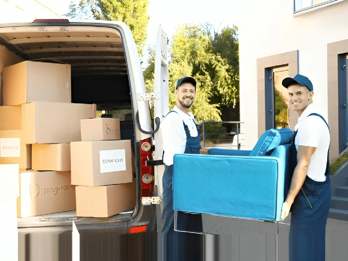 Professional movers in a modern home